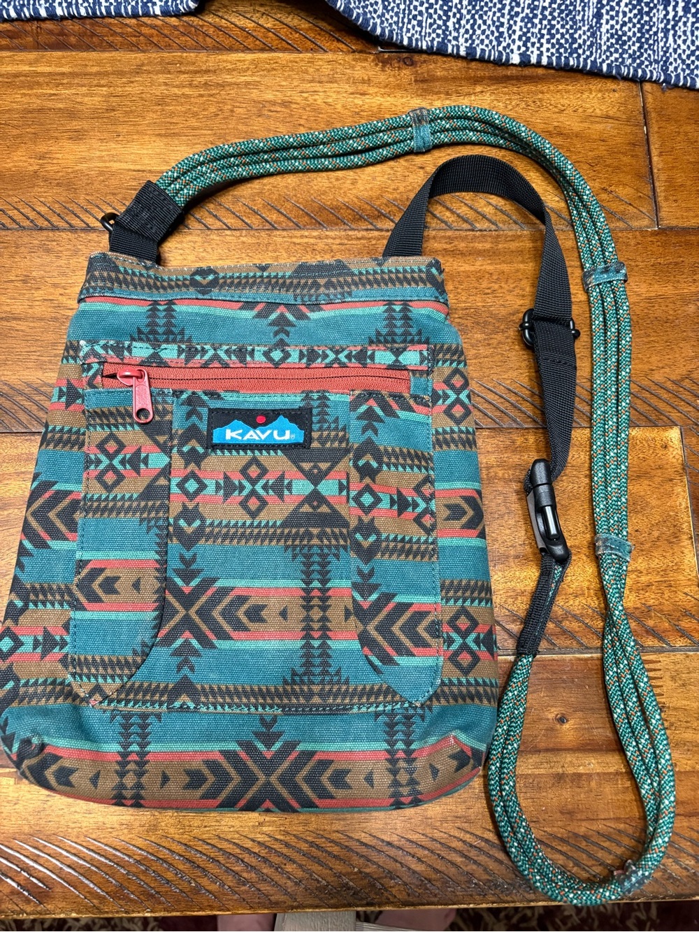Kavu Teal Brown Aztec Messenger Bag with Coral Accent